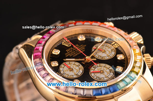 Rolex Daytona Chronograph Miyota OS20 Quartz Gold Case/Strap with Colorful Diamond Bezel and Black Dial - Click Image to Close